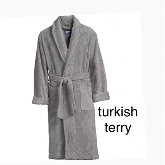 🔥🎄🎅LANDSEND Big Men's Calf Length Turkish Terry Robe 100% Cotton Gray - Picture 2 of 2